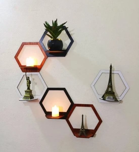 Hexagon Wall Shelf - Wooden Laser-Cut Floating Shelves