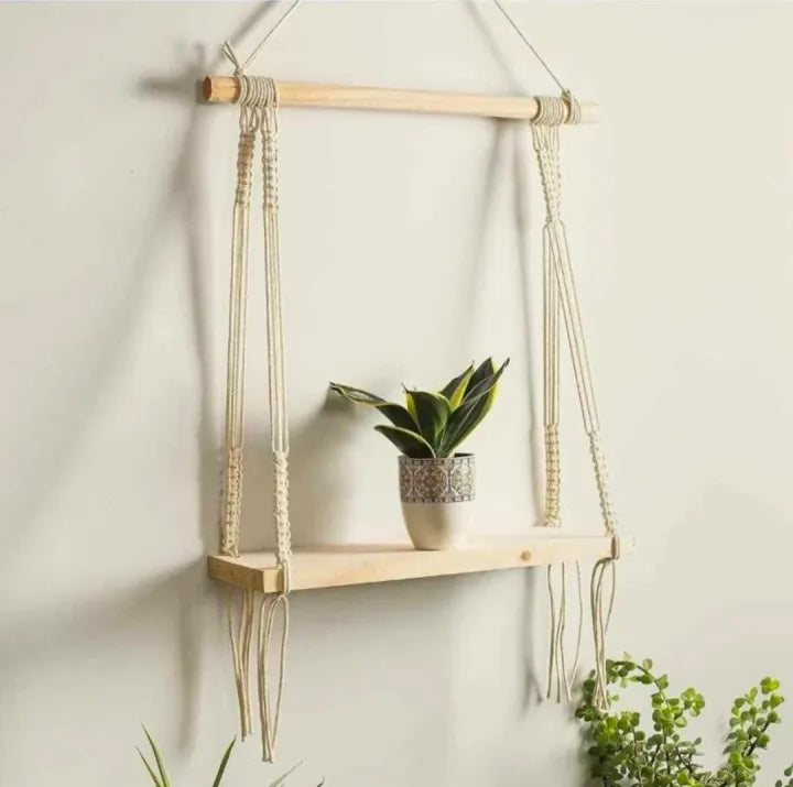 Macrame Wooden Wall Hanging Shelf – Elegant Wooden Shelf for Bedroom & Living Room Decor