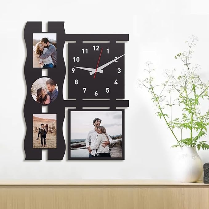 Trending Wooden Wall Clock with Stylish Photo Frames - Perfect for Home Decor