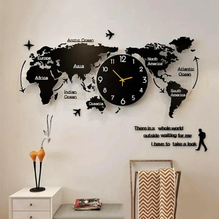 World Map Wooden Wall Clock with LED Light - 3D Laser Cut Design