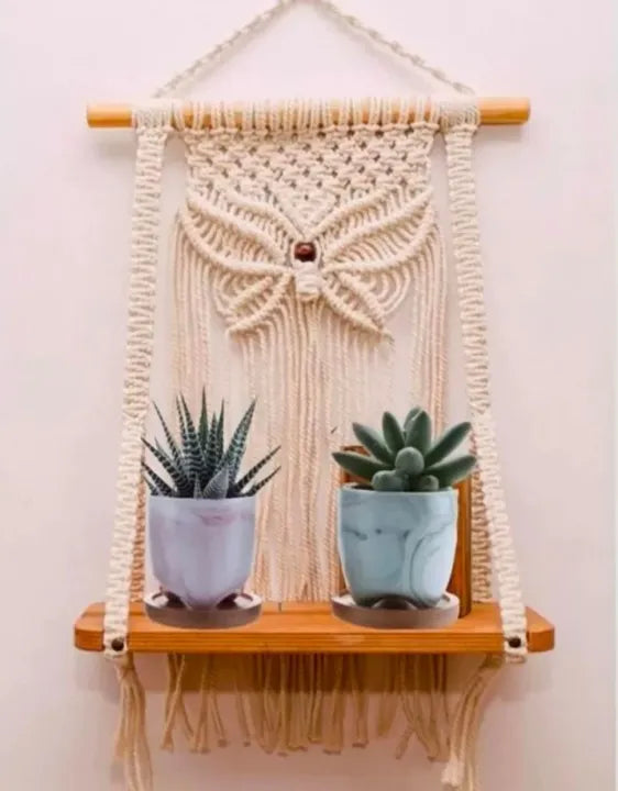 Macrame Wooden Wall Hanging Shelf – Elegant Wooden Shelf for Bedroom & Living Room Decor