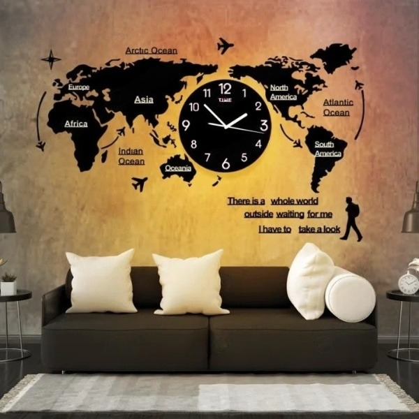 World Map Wooden Wall Clock with LED Light - 3D Laser Cut Design