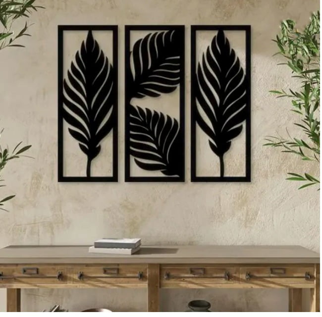 Set of 3 Palm Leaf Wooden Wall Art - Modern Wall Art Designs for Room Decor