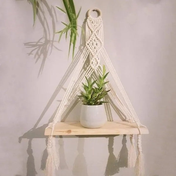 Macrame Wooden Wall Hanging Shelf – Elegant Wooden Shelf for Bedroom & Living Room Decor