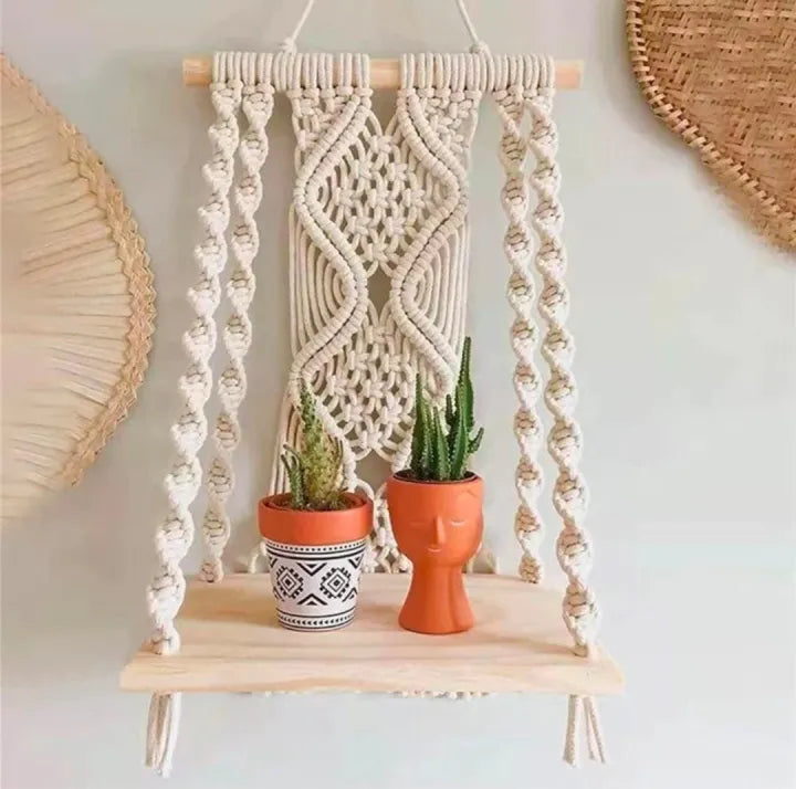 Macrame Wooden Wall Hanging Shelf – Elegant Wooden Shelf for Bedroom & Living Room Decor