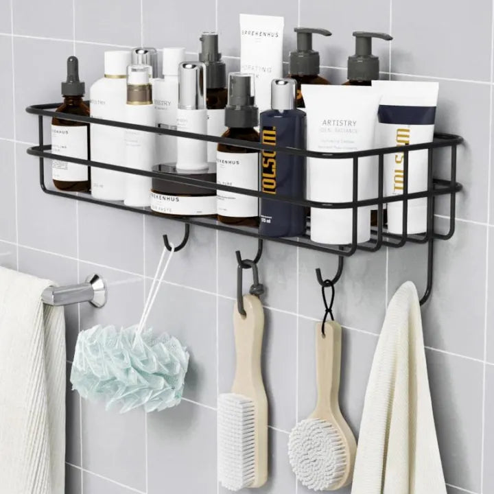 Bathroom Storage Hanging Shelf Wall Mounted With Hooks