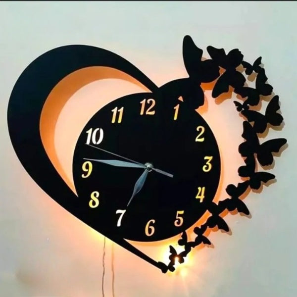 Heart Wooden Wall Clock with Premium Light – Elegant Wooden Clock for Bedroom & Living Room