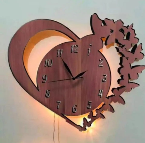 Heart Wooden Wall Clock with Premium Light – Elegant Wooden Clock for Bedroom & Living Room