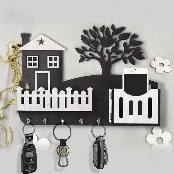 Wooden Home Tree Key Holder - Stylish Wall Hanger for Keys and Mobile